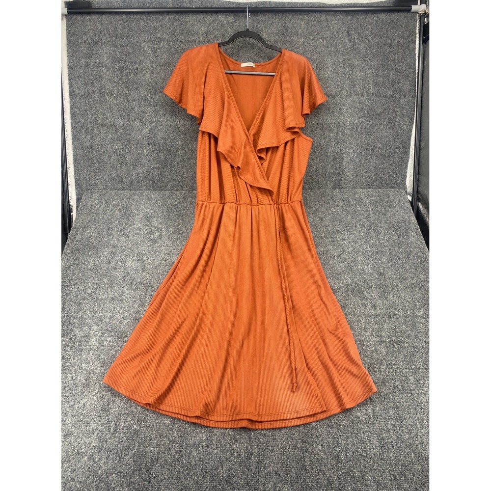 P.S. Kate Ruffle Faux Wrap Ribbed Knit Dress Womens L Rust Orange Midi Casual